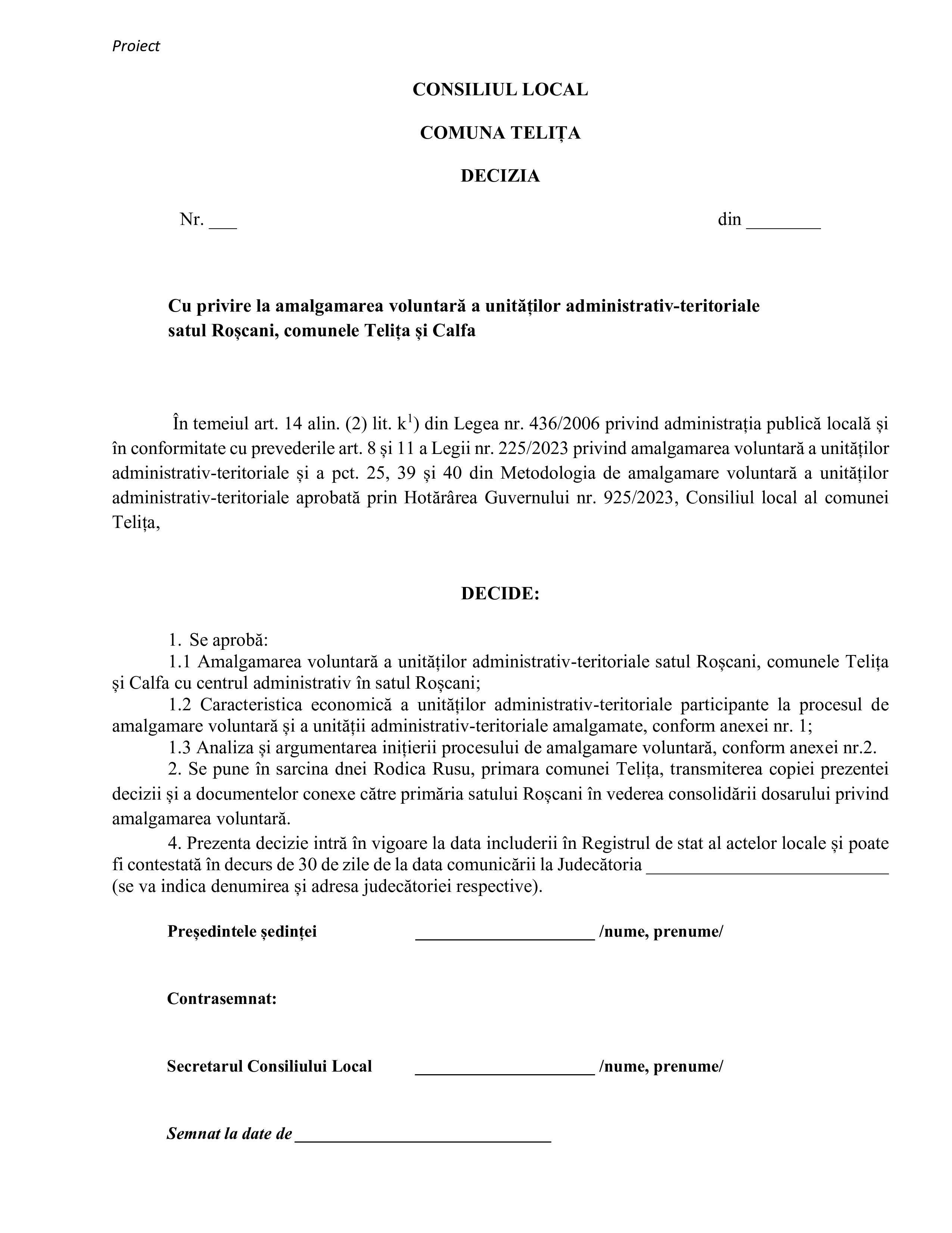 Consultare Publica a Proiectului de Decizie Finala cu privire la Amalgamarea Voluntara